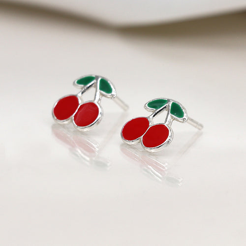 Clustdlysau Styd Arian ac Enamel | Sterling Silver & Enamel Stud Earrings - Cherries