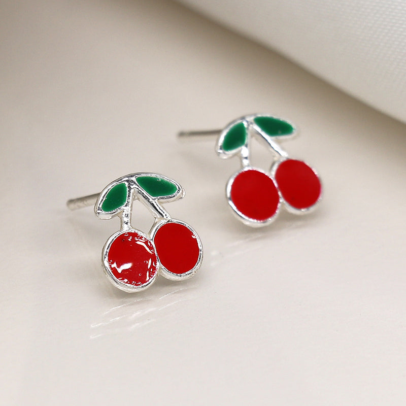 Clustdlysau Styd Arian ac Enamel | Sterling Silver & Enamel Stud Earrings - Cherries