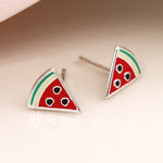 Clustdlysau Styd Arian ac Enamel | Sterling Silver & Enamel Stud Earrings - Watermelon