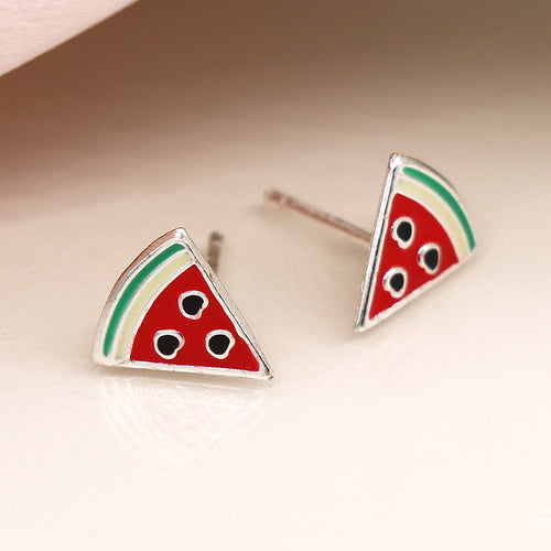 Clustdlysau Styd Arian ac Enamel | Sterling Silver & Enamel Stud Earrings - Watermelon