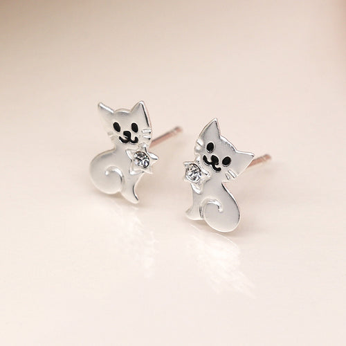 Clustdlysau Styd Arian | Sterling Silver Stud Earrings - Cat & Crystal