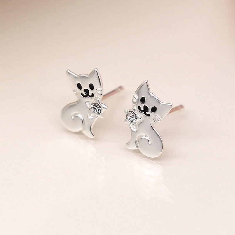 Clustdlysau Styd Arian | Sterling Silver Stud Earrings - Cat & Crystal