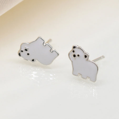 Clustdlysau Styd Arian ac Enamel | Sterling Silver & Enamel Stud Earrings - Polar Bear