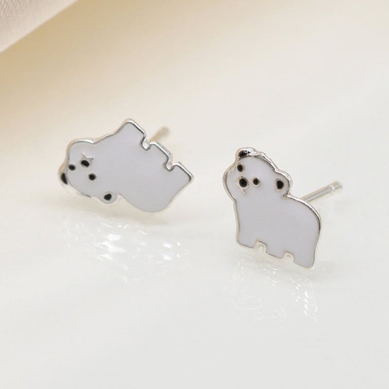Clustdlysau Styd Arian ac Enamel | Sterling Silver & Enamel Stud Earrings - Polar Bear