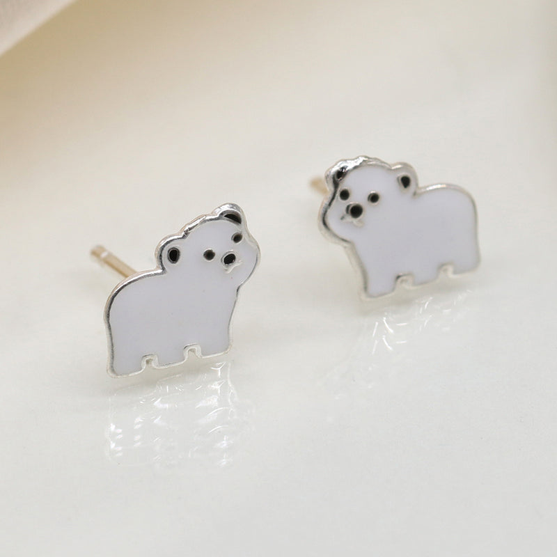 Clustdlysau Styd Arian ac Enamel | Sterling Silver & Enamel Stud Earrings - Polar Bear