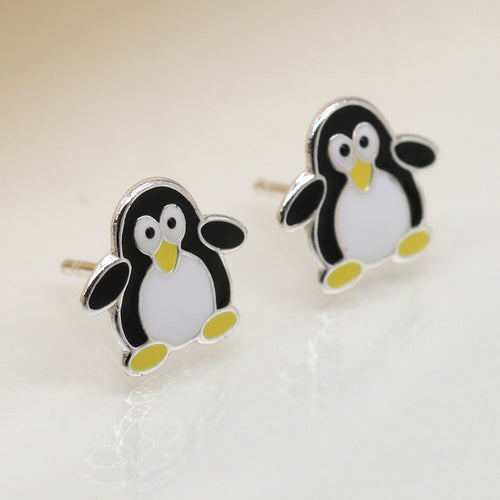 Clustdlysau Styd Arian ac Enamel | Sterling Silver & Enamel Stud Earrings - Penguin