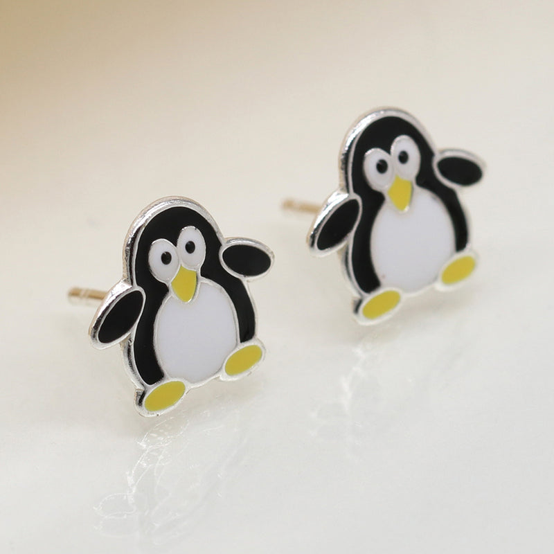 Clustdlysau Styd Arian ac Enamel | Sterling Silver & Enamel Stud Earrings - Penguin