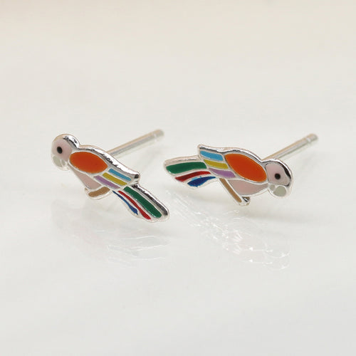 Clustdlysau Styd Arian ac Enamel | Sterling Silver & Enamel Stud Earrings - Parrot