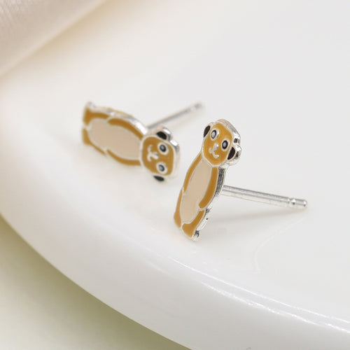 Clustdlysau Styd Arian ac Enamel | Sterling Silver & Enamel Stud Earrings - Meerkat