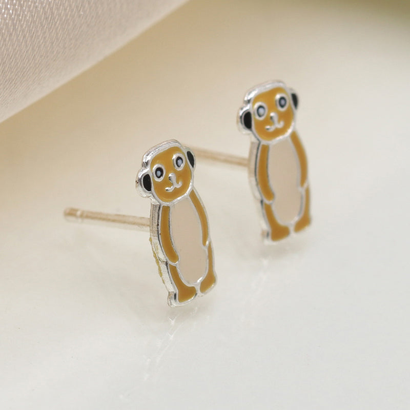 Clustdlysau Styd Arian ac Enamel | Sterling Silver & Enamel Stud Earrings - Meerkat