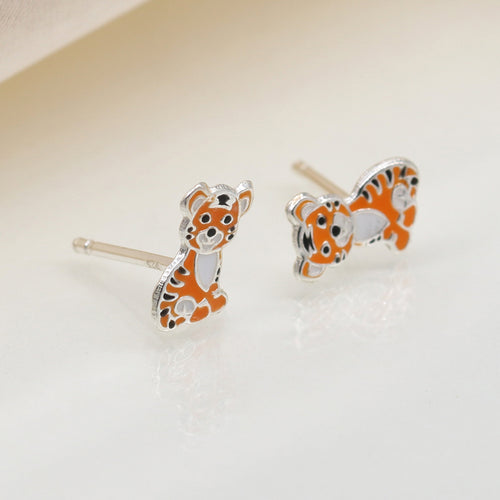 Clustdlysau Styd Arian ac Enamel | Sterling Silver & Enamel Stud Earrings - Tiger