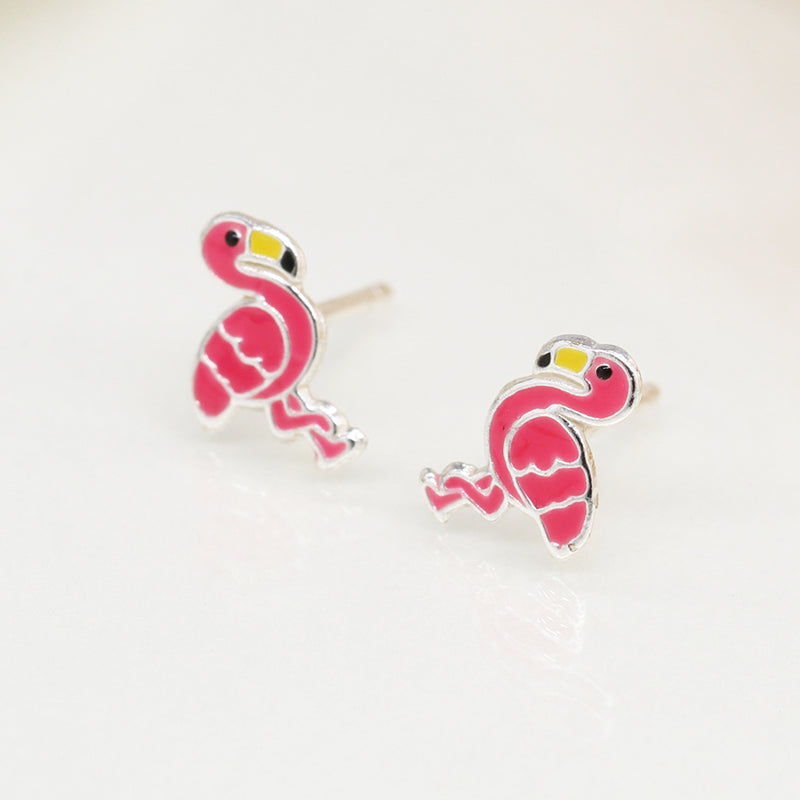 Clustdlysau Styd Arian ac Enamel | Sterling Silver & Enamel Stud Earrings - Flamingo