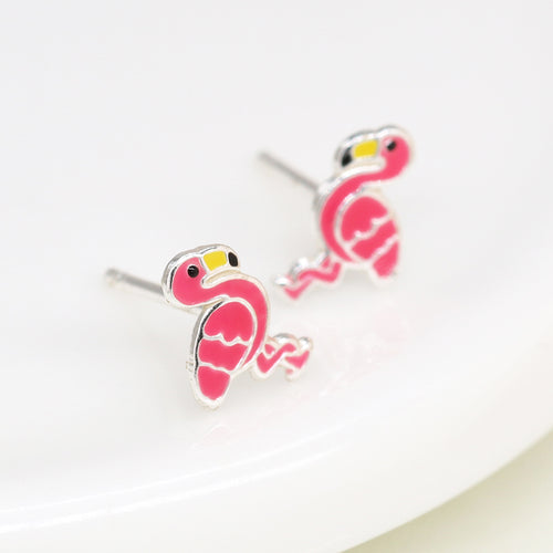 Clustdlysau Styd Arian ac Enamel | Sterling Silver & Enamel Stud Earrings - Flamingo
