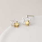 Clustdlysau Styd Arian | Gold Plated Sterling Silver Studs - Double Star
