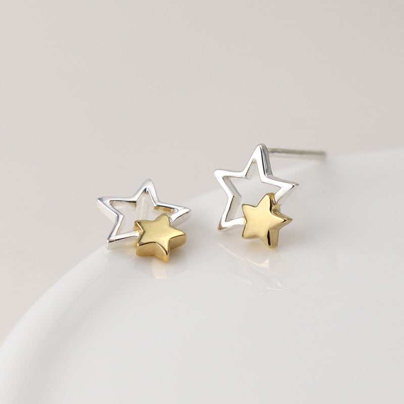 Clustdlysau Styd Arian | Gold Plated Sterling Silver Studs - Double Star