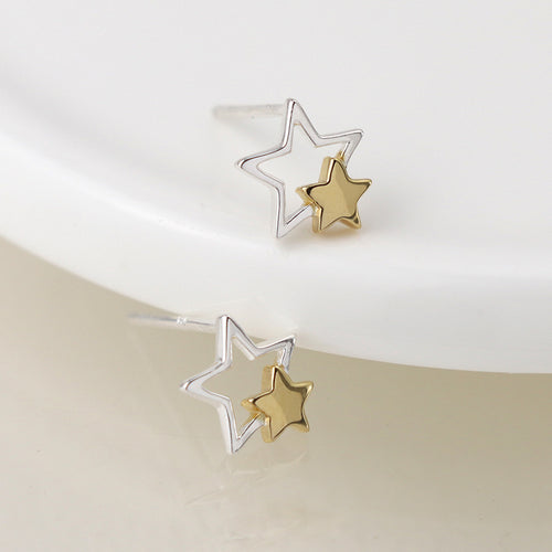 Clustdlysau Styd Arian | Gold Plated Sterling Silver Studs - Double Star