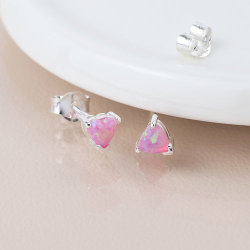 Clustdlysau Styd Arian | Sterling Silver Studs - Pink Opal Heart