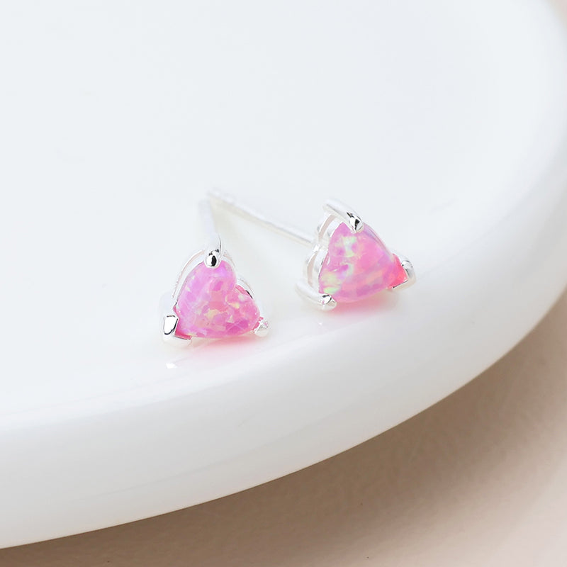 Clustdlysau Styd Arian | Sterling Silver Studs - Pink Opal Heart