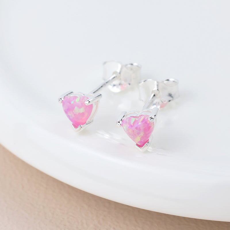 Clustdlysau Styd Arian | Sterling Silver Studs - Pink Opal Heart