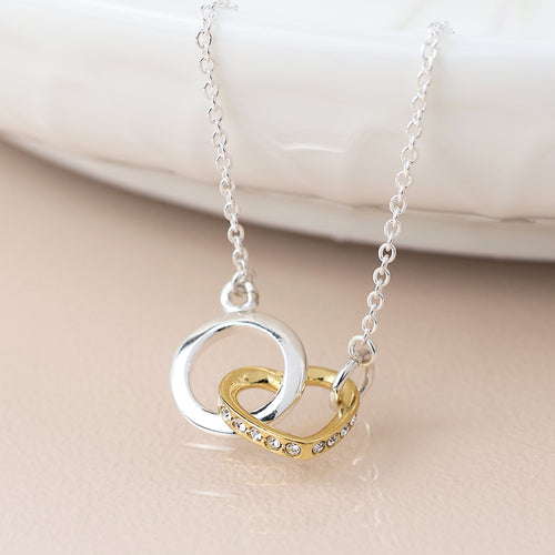 Cadwen Arian ac Aur - Calon a Chylchyn | Silver & Gold Necklace - Linked Heart & Hoop