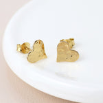 Clustdlysau Styd Arian | Gold Plated Sterling Silver Studs - Hammered Heart