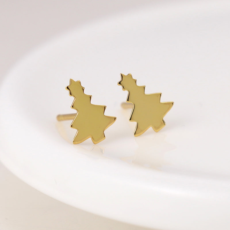 Clustdlysau Styd Arian | Gold Plated Sterling Silver Studs - Christmas Tree