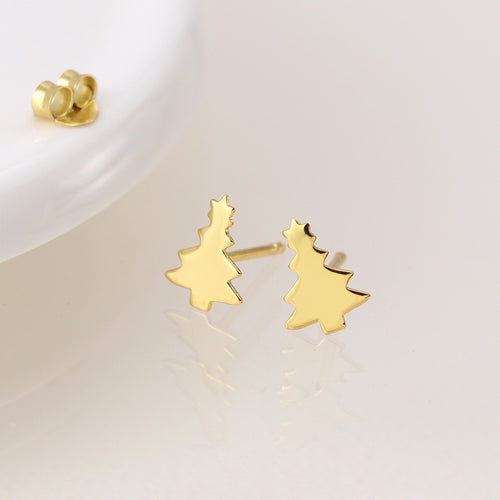 Clustdlysau Styd Arian | Gold Plated Sterling Silver Studs - Christmas Tree