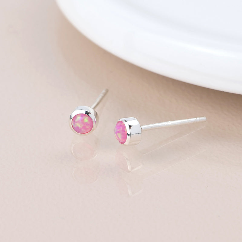 Clustdlysau Styd Arian | Sterling Silver Stud Earrings - Round Pink Opal