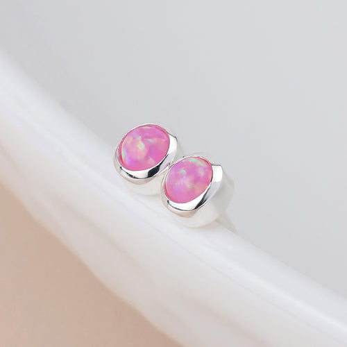 Clustdlysau Styd Arian | Sterling Silver Stud Earrings - Round Pink Opal