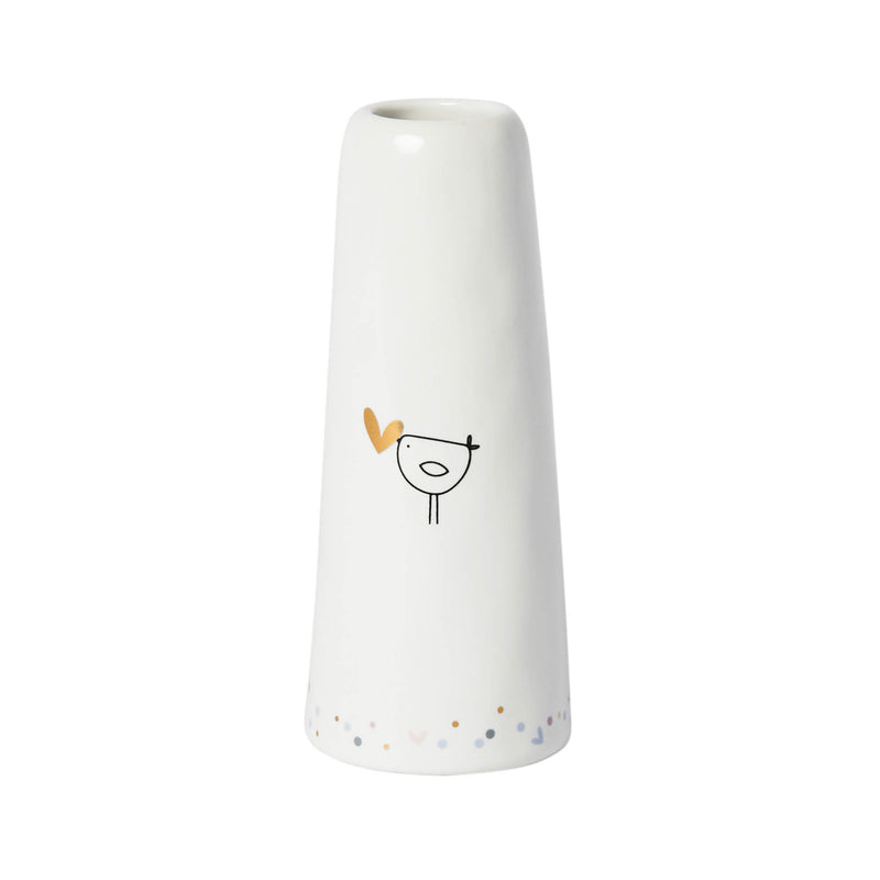 Ffiol Fechan Borslen - Aderyn a Chalon | Porcelain Bud Vase - Bird With Heart