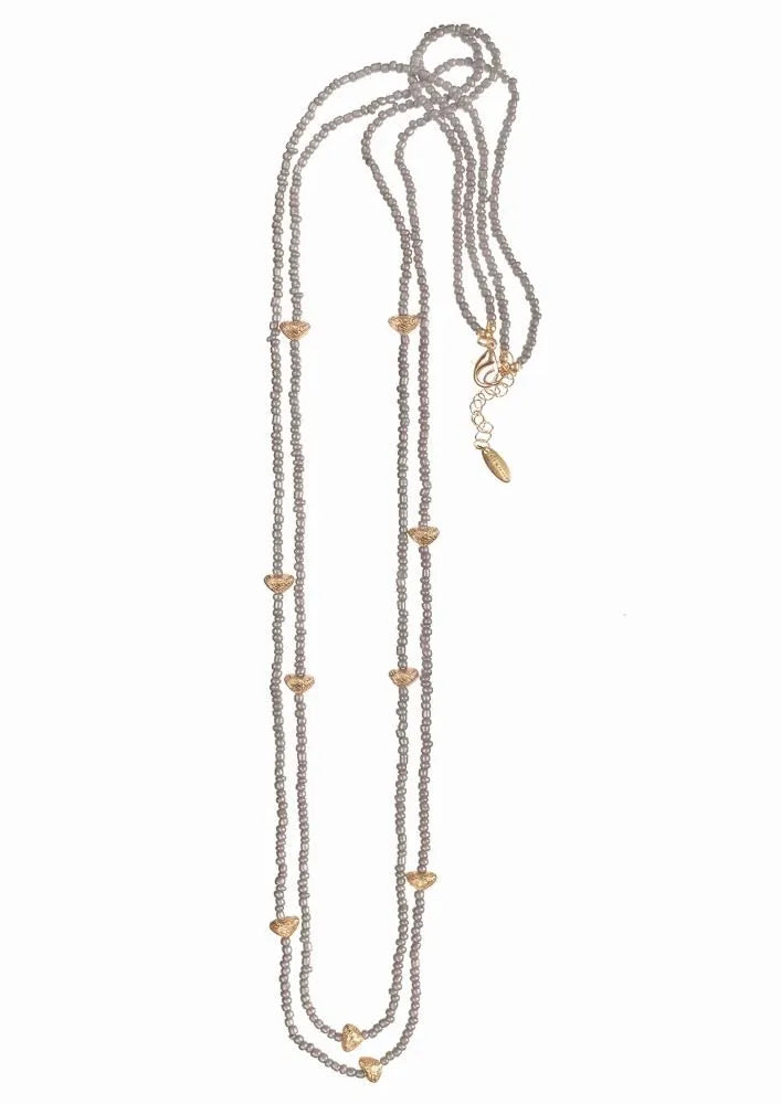 Cadwyn Hir | Seed Beads and Hearts Long Necklace - Grey & Gold