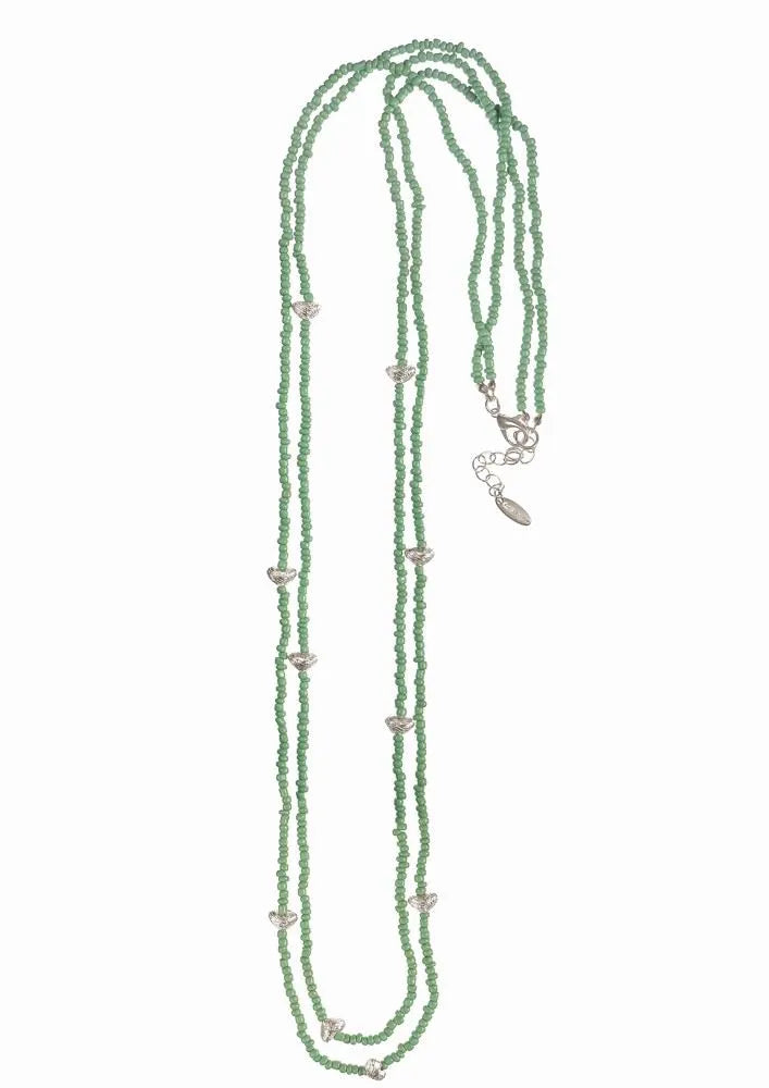 Cadwyn Hir | Seed Beads and Hearts Long Necklace - Green & Silver