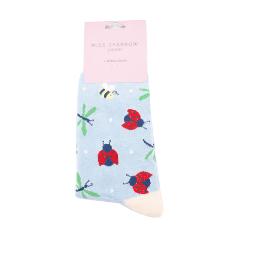 Sanau - Buwch Goch Gota | Miss Sparrow Socks - Love Bugs Pale Blue