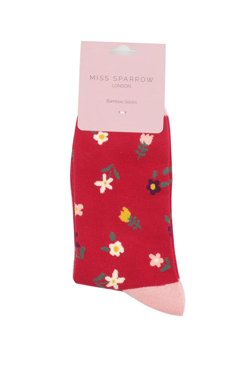 Sanau - Blodau Bychain | Miss Sparrow Socks - Tiny Flowers Red