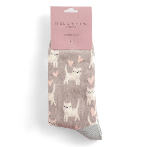 Sanau - Cathod Cysglyd | Miss Sparrow Socks - Sleepy Cats Grey