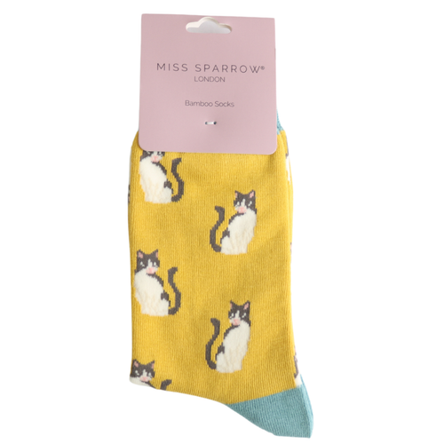 Sanau - Cathod Cŵl | Miss Sparrow Socks - Cool Cats Yellow