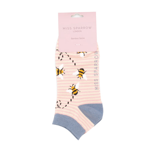 Sanau Treinyrs - Gwenyn Streips | Miss Sparrow Trainer Socks - Bees Stripes Dusky Pink