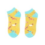 Sanau Treinyrs - Cwn Bach Mewn Cotiau | Miss Sparrow Trainer Socks - Pups in Coats Yellow