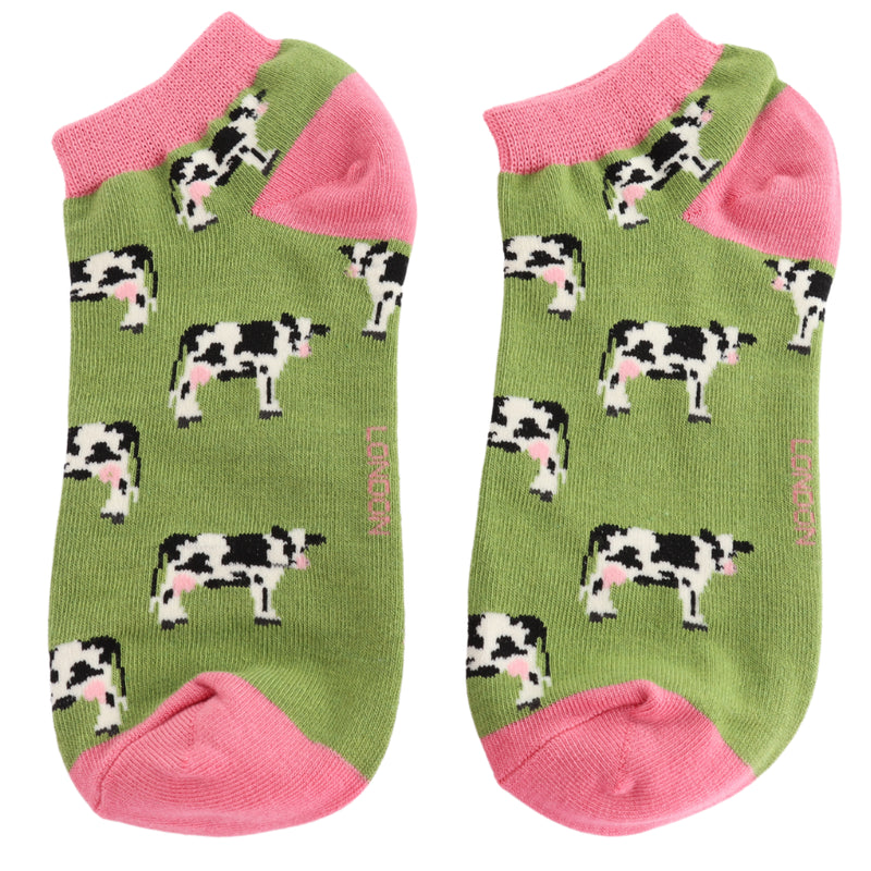 Sanau Treinyrs - Gwartheg | Miss Sparrow Trainer Socks - Cows Green