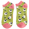 Sanau Treinyrs - Defaid yn Neidio | Miss Sparrow Trainer Socks - Leaping Sheep Green