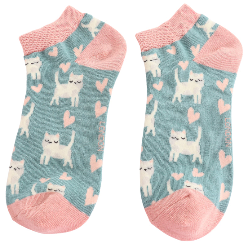 Sanau Treinyrs - Cathod Cysglyd | Miss Sparrow Trainer Socks - Sleepy Cats Duck Egg