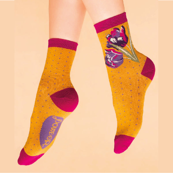 Sanau Ffêr Powder | Powder Ankle Socks - Tulips, Mustard.