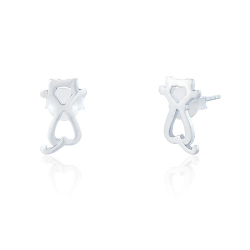 Clustdlysau Styd Arian | Sterling Silver Stud Earrings - Cut Out Cat