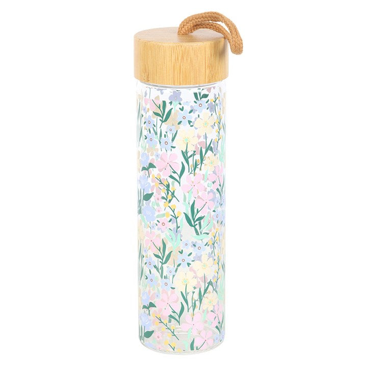 Potel Ddwr Wydr a Bambw - Blodau Bach | Glass & Bamboo Water Bottle - Ditsy Floral
