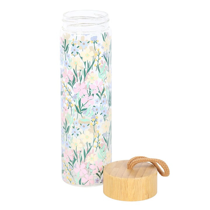 Potel Ddwr Wydr a Bambw - Blodau Bach | Glass & Bamboo Water Bottle - Ditsy Floral