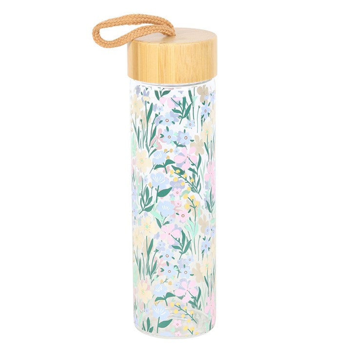 Potel Ddwr Wydr a Bambw - Blodau Bach | Glass & Bamboo Water Bottle - Ditsy Floral