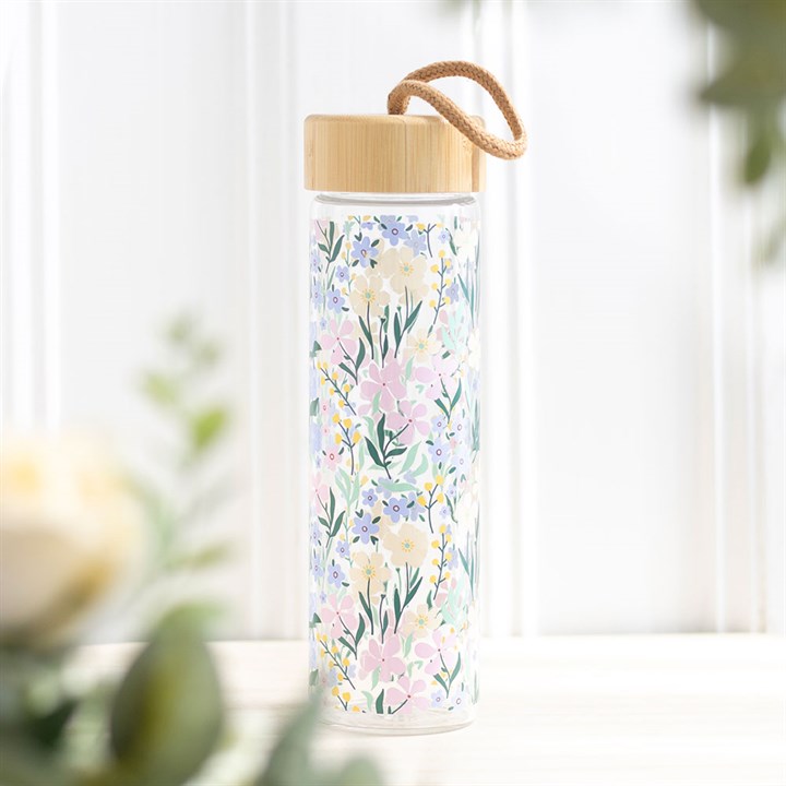 Potel Ddwr Wydr a Bambw - Blodau Bach | Glass & Bamboo Water Bottle - Ditsy Floral