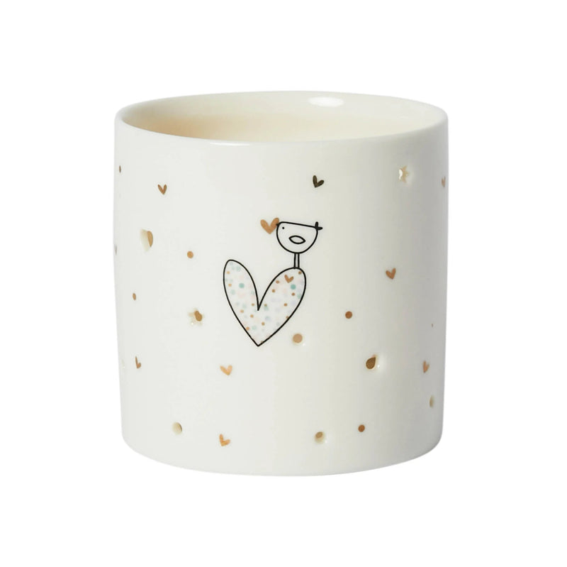 Daliwr Cannwyll Porslen - Aderyn a Chalon | Porcelain Tealight Holder - Bird & Heart