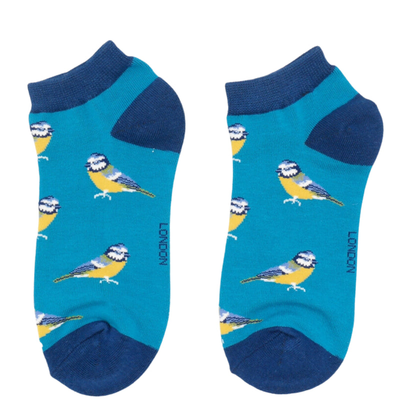 Sanau Treinyrs - Titw Tomos | Miss Sparrow Trainer Socks - Bluetits Teal