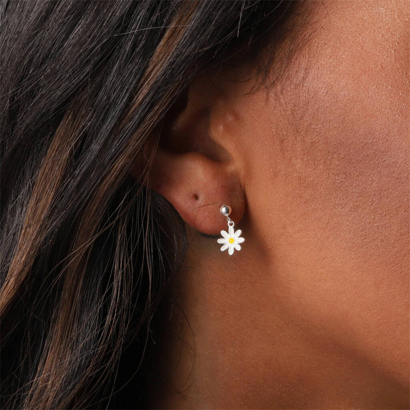 Clustdlysau Styd Blodau - Hapusrwydd | Flower Drop Stud Earrings - Silver